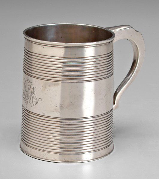 George III silver mug,: banded tapering sides, C-squared handle, marks for Thomas Barker, London, 1810, monogram, .925 fine, 11.89 oz.T., 4-1/2 x 5-1/4 x 3-1/2 in. Small dents, light scratches.