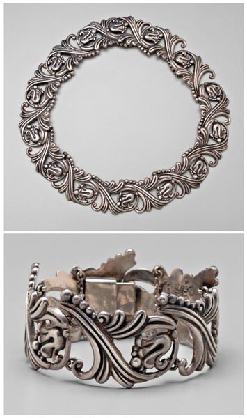 Margot sterling necklace, bracelet:: scroll, bud and bead design, marks for Margot van Voorhies Carr, Mexican, 1-1/8 x 7 in. bracelet, 1-1/8 x 14 in. necklace (interior circumference) Necklace with broken pin. Provenance: Private Collect