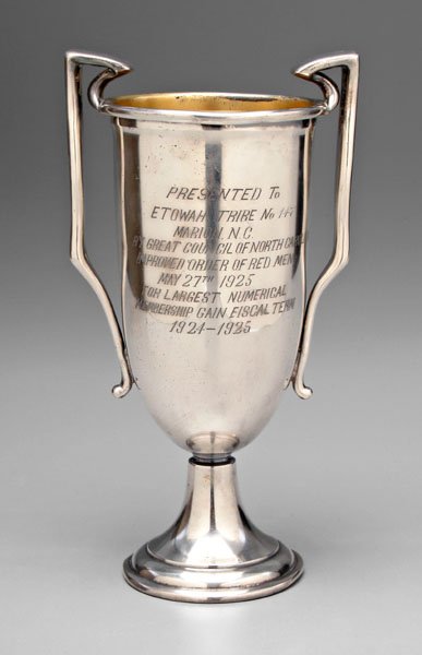 Etowah Tribe silver-plated trophy,: urn form with square shaped handles, gilt interior, inscription "Presented to/Etowah Tribe No. 147/Marion N.C./By Great Council of North Carolina/Improved Order of Red Men/May 27th 1925/For Largest Nu