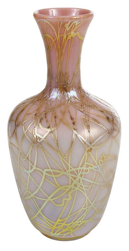 Steuben Attributed Pink Aurene Art Glass Vase: American, early 20th century, reactive pale pink glass decorated all over with gold trails, 8-3/4 in. - Provenance: Robert Wilson, Palm Beach, Florida, purchased February 1983 for $300; Estate of Jay