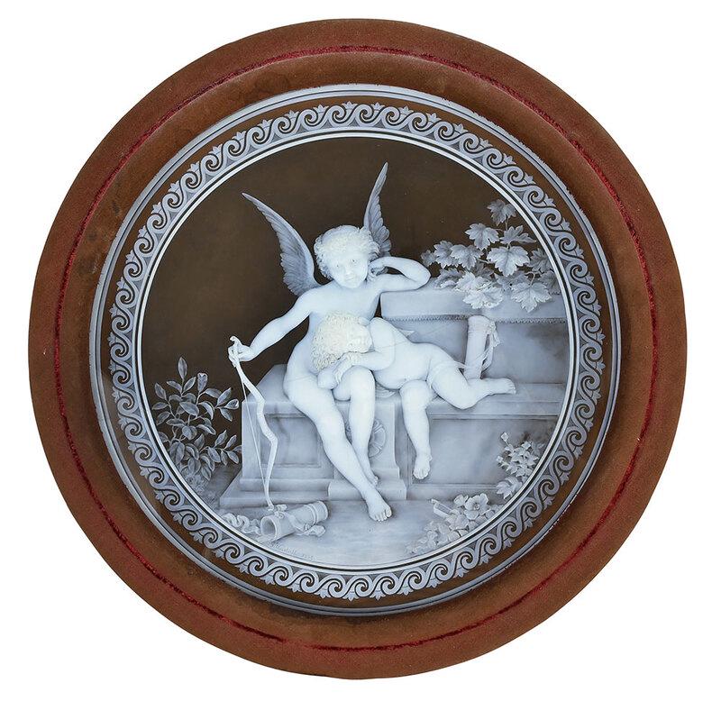 George Woodall for Thomas Webb, Cameo Plaque: Armistice (A Truce), after Emile Munier (French, 1840-1895), circa 1886, finely carved scene of cherubs on raisin brown ground, signed and dated "G. Woodall 1886", 13-5/8 in.; frame, 17-1/2 in. - Prov