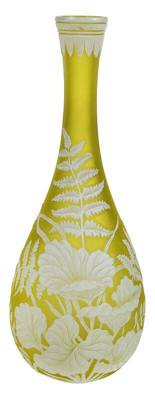 Thomas Webb & Sons Attributed Cameo Art Glass Vase: English, late 19th century, bottle vase with finely carved white cameo cut flowers and ferns on yellow green ground, cameo carved lappets to rim, 11 in. - Provenance: Jane C. Van Wagonen, Long Island,