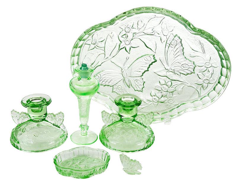 Sowerby Green Pressed Glass Dresser Set (1 of 4)