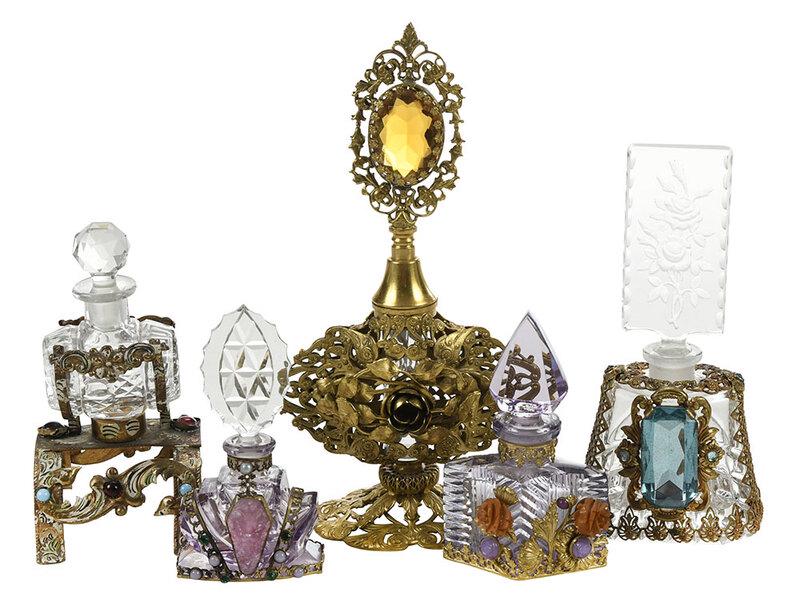 Five Gilt Filigree and Jeweled Perfume Bottles (1 of 6)