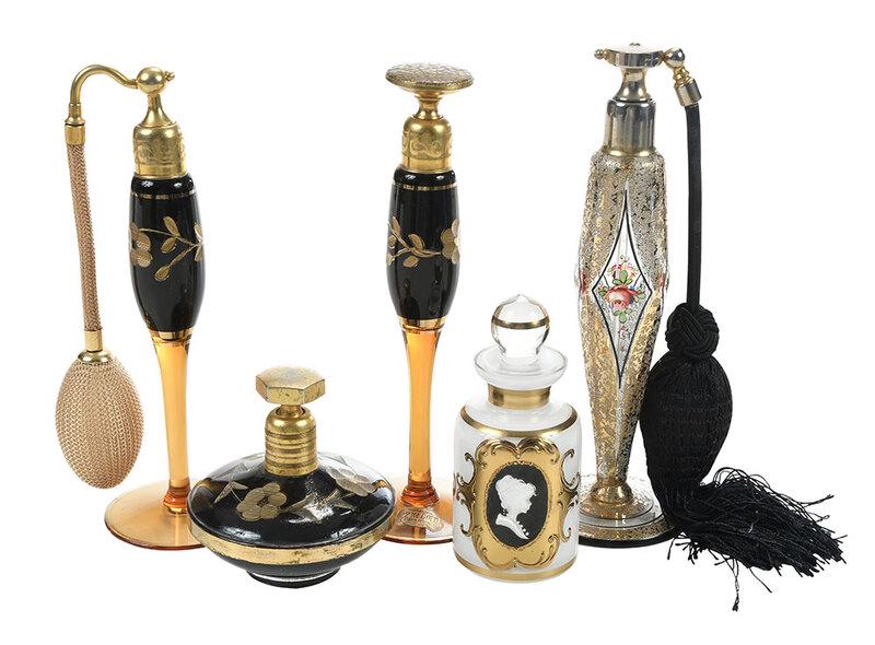 Five Black and Gilt Perfume and Atomizer Bottles (1 of 4)