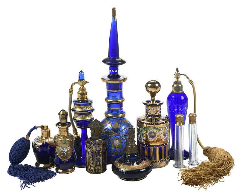 Ten Cobalt and Gilt Perfume Bottles and Atomizers (1 of 4)