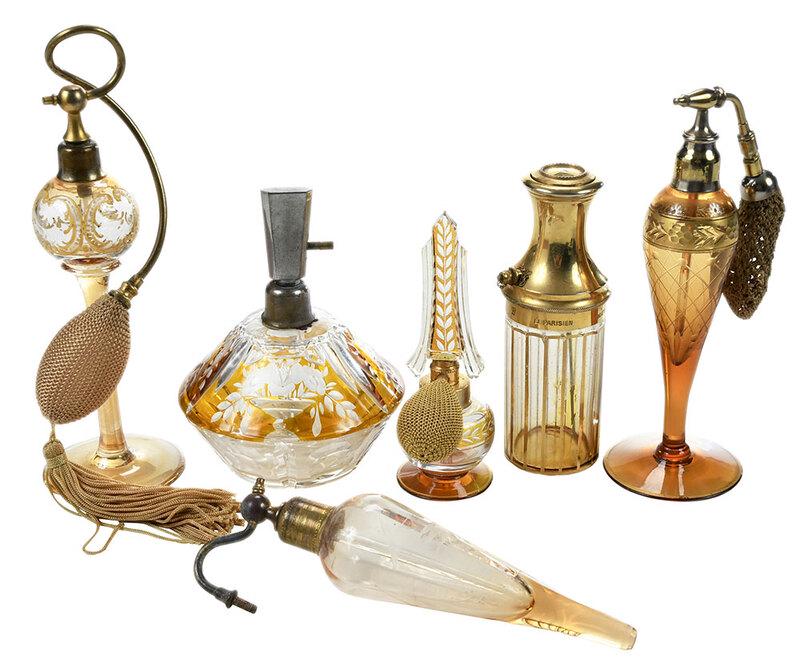 Six Amber Art Glass Atomizer and Perfume Bottles (1 of 10)