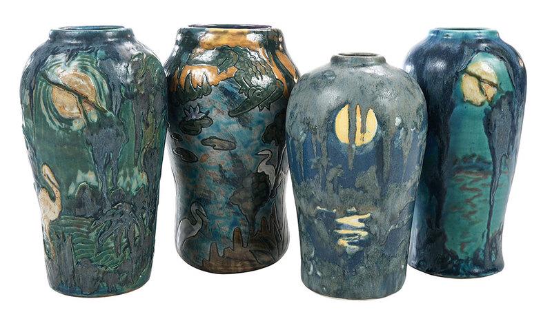 Four M. Cushman Florida Faience Pottery Vases (1 of 10)