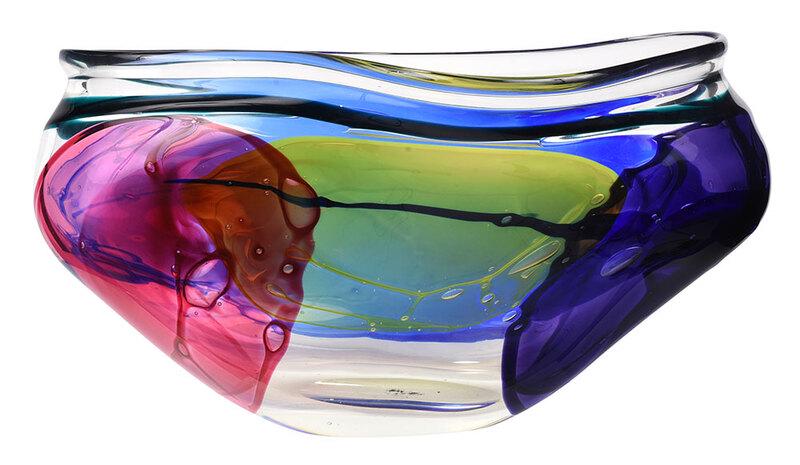 Leon Applebaum Art Glass Sculpture: American, late 20th century, free form elongated bowl shaped sculpture of colorless glass with multicolored abstract shapes, etched on bottom in script "leon applebaum", approximately 11 x 22 x 8 in.