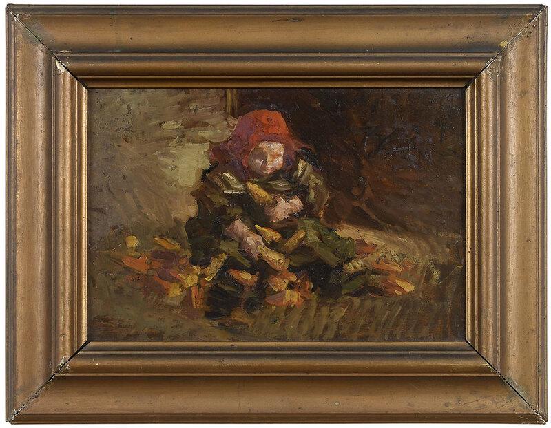 Continental School: (19th/20th century) Small Child Playing, not apparently signed, inscribed indistinctly verso "A. Millere" (?) , oil on panel,ÿ7-3/4 x 11-1/4 in.; gilt wood frame, label verso for "Gino Campani, Firen