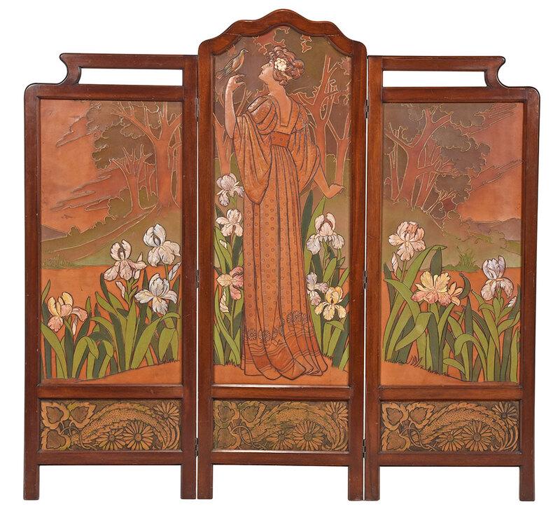 Art Nouveau Three Panel Tooled Leather Room Screen (1 of 9)