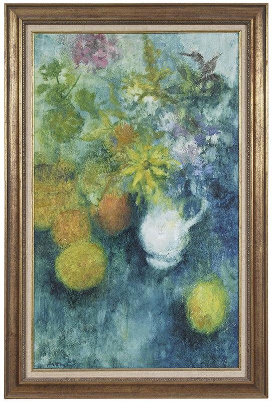 European School: (20th century) Still Life with Pitcher of Flowers, Fruit, signed lower left "Anthos C.", oil on Masonite, 28 x 17-1/4 in.; gilt wood frame, 32 x 21-1/2 in.ÿ - Provenance: Private Collection, New Bern