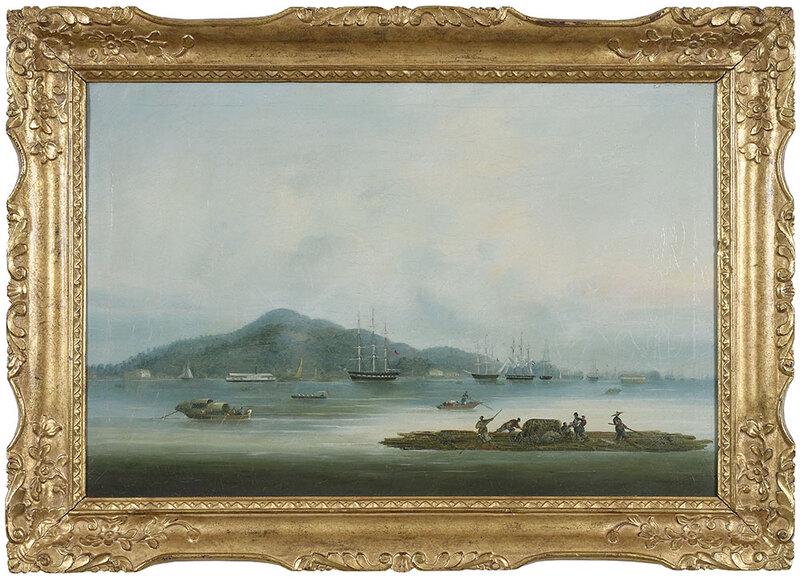 Chinese School: (19th century) The Anchorage at Lintin (Nei Lingding) on the Pearl River, unsigned, oil on silk, 14-1/2 x 22 in.; original Chinese Chippendale frame, 19-1/8 x 26-1/2 in.