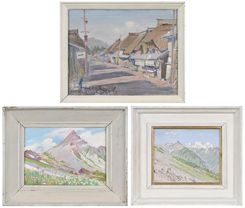 Shinichiro Adachi: (Japanese, 1904-1994) Three: Mt Yari, 9-1/2 x 13-1/4 in.; Mt. Yari, titled and signed verso in Japanese and inscribed on stretcher in English, 8-3/4 x 10-3/4 in.; Street Scene, 12-5/8 x 16-1/8 in., ea