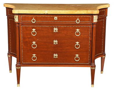 Fine Maison Forest Louis XVI Style Commode: French, late 19th/20th century, one corner of top stamped "Forest, Paris", set with a thick sienna marble top, above four long drawers, dovetailed construction with oak linings, fine quality gilt bron