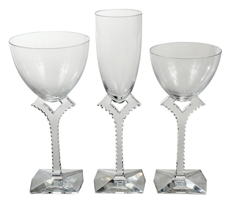 25 Piece Set of Baccarat Glass Stemware: French, contemporary, all with serrated Y form stems, square base, acid etched marks for "Baccarat", including: nine champagne flutes, 9 in.; nine wine glasses, 7-1/8 in.; seven wine glasses, 7-3/4 in