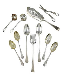 Eleven English Silver Serving Pieces: includingÿpair of Hester Bateman spoons with later Victorian decoration;ÿpair of George I spoons with later Victorian decoration;ÿGeorgian fish server, two ladles, three large serving spoons with