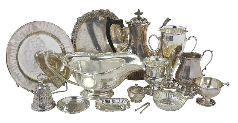 37 Sterling Table Items: American, 20th century, includingÿcoffee pot; two handle urn; gravy boat; footed bowl; cream pitcher; toothpick holders;ÿsalts; two wine taster; bell; two set of six nut dishes/butter pats; small pl