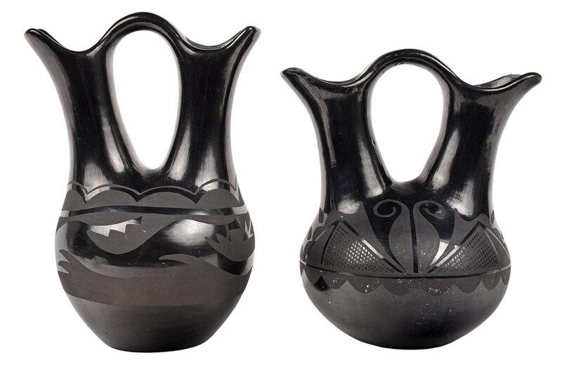 Two Blackware Wedding Vases: one byÿNicolasa Naranjo Tafoya (Santa Clara, b.1910) , signed on base "Nicolasa/Santa Clara", with black on black Avanyu encircling middle, 10-1/2 in.; one by Maria and Julian Martinez, (San Ildefons