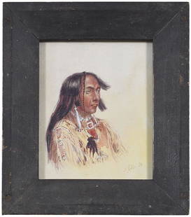 Alfred Jacob Miller: (American, 1810-1874) ÿShim-a-co-che, a Crow Chief, signed lower right, ?AJ Miller Pl?, watercolor on paper, 8-1/2 x 6-3/4 in.; period carved wood frame, 11-3/4 x 10-1/4 in.ÿ - Provenance: Private F