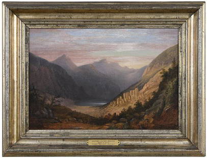 American School: (Late 19th century) Wind River Mountains, unsigned, bearsÿincisedÿinitials "AJM" stretcher verso, oil on canvas, 14 x 20 in.; period carved gilt wood frame with nameplate for Alfred Jacob Miller, 20