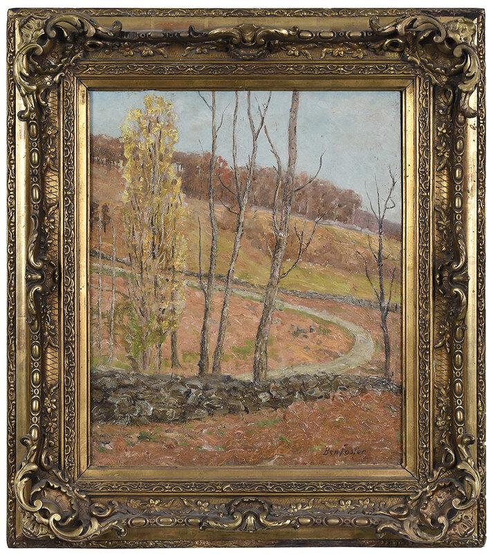Ben Foster: (Connecticut/New York/Maine, 1852-1926) Road to the Shore, signed lower right "Ben Foster", titled in pencil stretcher verso, oil on canvas, 22 x 18 in.; period carved gilt wood and composition frame,