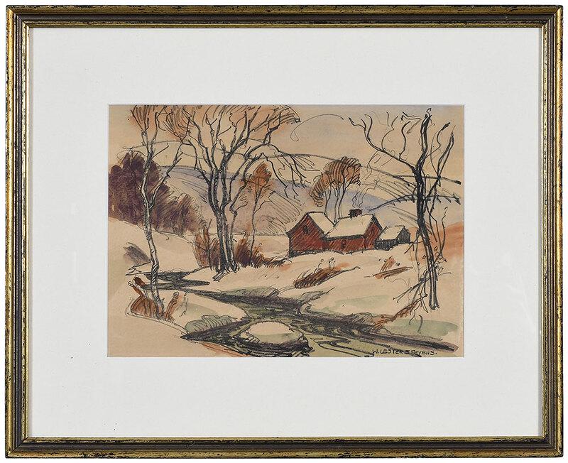 William Lester Stevens: (Massachusetts, 1888-1969) The Red House, signed lower right "W. Lester Stevens", watercolor and pencil on paper, 9-1/4 x 13-1/4 in.; gilt wood frame 16-1/2 x 20-3/4 in. - Provenance: Private Collecti