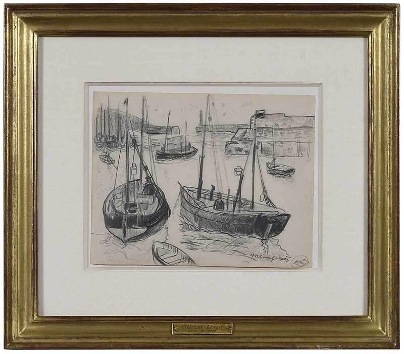 Richard Haley Lever: (Australian/America, 1876-1958) The Port of Mevagissey, Cornwall, 1902, signed with initials lower right "Mevagissey, HL 02", pencil on buff paper, 7-1/8 x 9-1/4 in.; carved gilt wood frame, 14-1/4 x