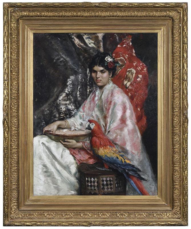 Julius LeBlanc Stewart: (Pennsylvania/France, 1855-1919) Lady with a Red Macaw, 1875, signed and inscribed upper right "a mon ami/Fernand Del Vallee/e yznaga/JL Stewart/Paris 1875", oil on canvas, 46-1/2 x 35-1/2 in.; period