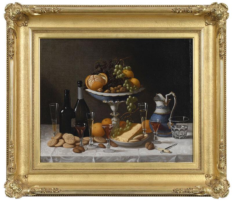 Attributed to John F. Francis: (Pennsylvania, 1808-1886) Still Life with Wine, Biscuits, Fruit and Cheese, unsigned, oil on canvas, 22-1/4 x 27-1/4 in.; possibly period fine carved gilt wood frame, 33-1/2 x 38-1/2 in. - Provenance: