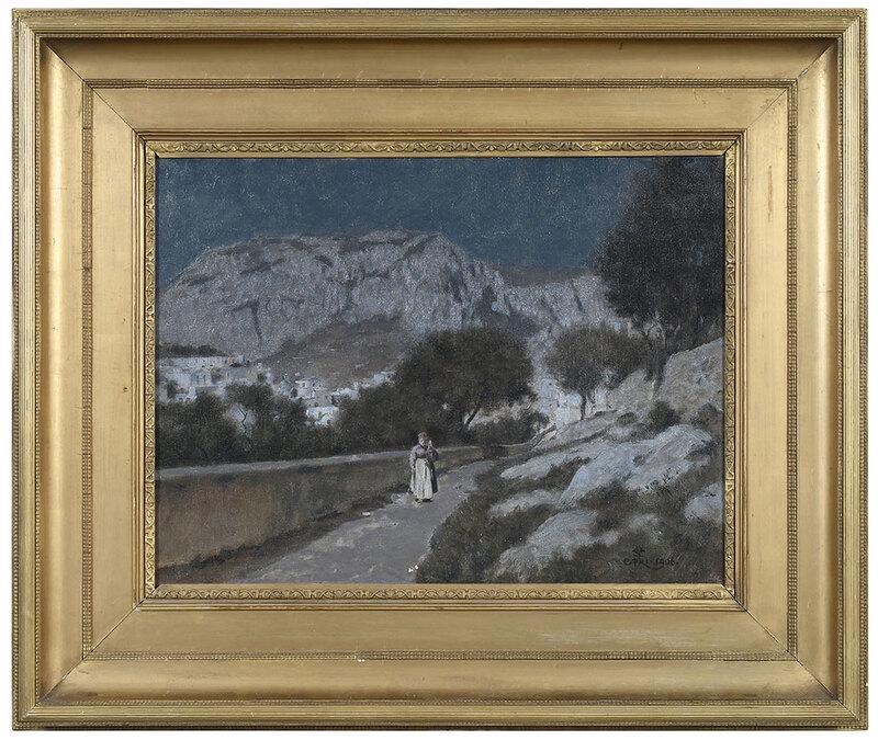 Charles Caryl Coleman: (New York/Italy, 1840-1928) Evening, Capri, 1906, signed with artist's monogram lower right "CCC Capri 1906", oil on canvas on stretcher panel, 16-3/4 x 22-3/4 in.; fine period carved gilt wood frame,
