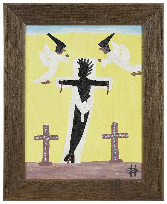 Clementine Hunter: (Louisiana, 1886/87-1986) The Crucifixion, unsigned, oil on board, 18 x 14 in.; wood frame, 22 x 18 in.Exhibition History: A Folk Art Tradition. University Museum Indiana University of Pennsylvania. J