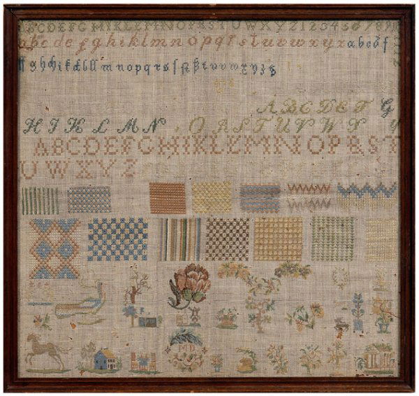 Unusual Continental darning sampler,: eight rows of letters and numbers stitched at top above two rows of damask pattern darns, finely stitched floral, architectural and animal spot motifs lower three rows, "MD." stitched within a floral