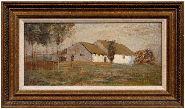 Carlton Chapman painting: (Carlton Theodore Chapman, New York/California, 1860-1925), landscape with barn, signed lower left "Carlton T. Chapman", oil on artist board, 8 x 17 in.; gilt wood frame. Light grime, wear at corners;