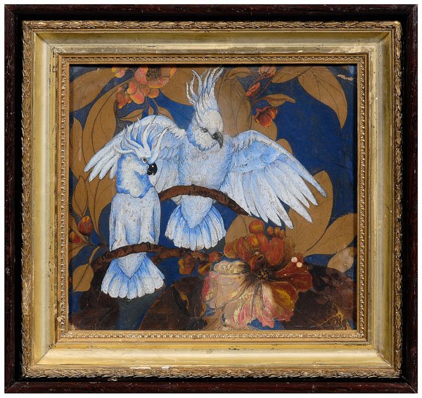 Gouache sketch attributed to Botke,: cockatiels on a flowering branch, unsigned, attributed to Jesse Arms Botke, California, 1883-1971, gouache over pencil, 13-3/4 x 14-3/4 in.; gilt wood and composition cove molding frame with grain-pai