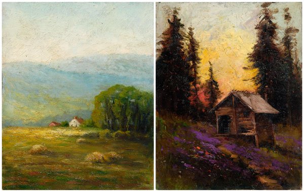 Two miniature paintings,: both oil on artist board, unframed: California landscape with cabin at sunset, signed lower right "S.S.", manner of Frederick Schafer, California, late 19th/early 20th century, 14-5/8 x 11-3/8 in., [w