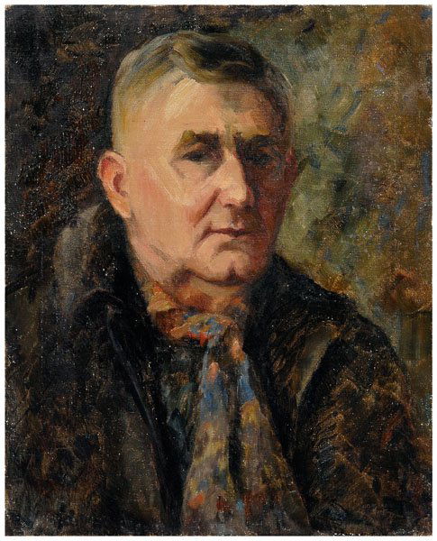 Conrad Buff painting: (California, 1886-1975), gentleman wearing a scarf, possibly a self-portrait, signed lower right "Conrad Buff", oil on canvas, unframed, 20 x 16 in. Original stretcher and tacking edge, scattered reto