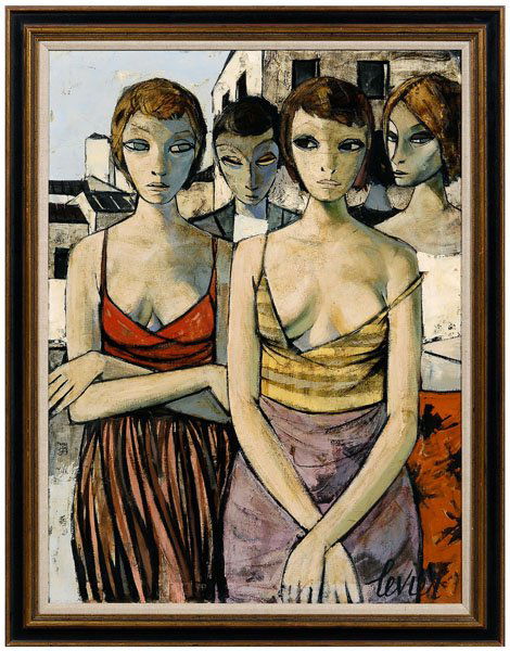 Charles Levier painting: (New York, 1920-2004), four figures on a street, signed lower right "Levier", oil on canvas, 40 x 30 in.; 20th century gilt and painted wood frame. Original stretcher and tacking edge; frame with abra