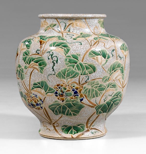 Chinese monumental jar,: squash vine in green, ocher and blue on a speckled white ground, 20th century, 34 x 32 in. Very minor chips, otherwise excellent condition. Provenance: Villa Del Leone Collection, Palm Springs, Califo