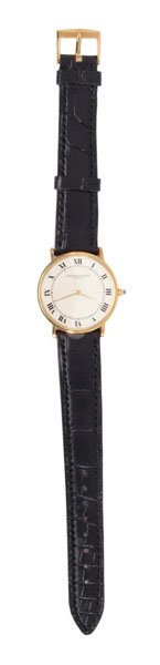 Vacheron & Constantin gold wristwatch,: gentleman's watch with hallmarked 18 kt. yellow gold case and buckle, silvered dial with black Roman numerals and leather band signed "Vacheron & Constantin, Geneve", sapphire-mounted stem, Swiss move