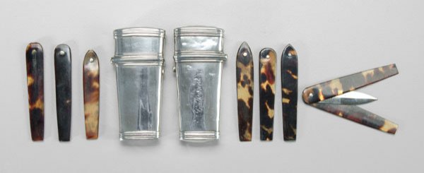 Two English silver lancets,: unadorned cases with marks for possibly Thomas Hughes Headland, each with four slots containing lance with tortoise guards: one 1830, 2-1/2 in., [lacking one lance;] one 1827, monogram in cartouche, 2