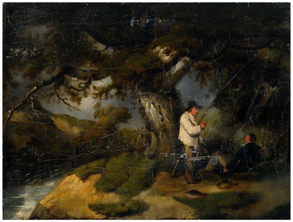 Painting after George Morland,: the artist angling with a friend, unsigned, after George Morland, British, 1763-1804, oil on panel, unframed, 14-3/4 x 19-1/4 in. Checks in panel verso strengthened with linen strips, abrasions top mi