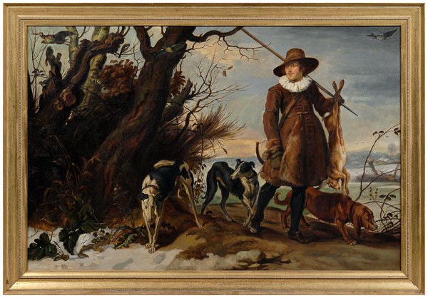 Painting after Jan Wildens;: Julius Otto Fritzsche (German, 1872-1948), titled verso canvas [Le Todpiert du Foret,] after a work by Jan Wildens (1586-1653), hunter with rabbit and dogs in a winter landscape, inscribed verso canva