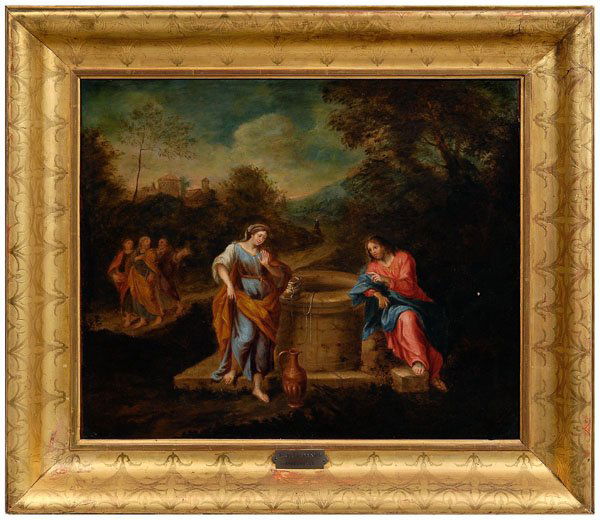 Italo-Dutch School painting,: Jesus with the Samaritan woman at the well, oil on canvas, late 17th/early 18th century, 18 x 21-5/8 in.; gilt and incised wood frame. Restretched, lined, retouch primarily left and right background a