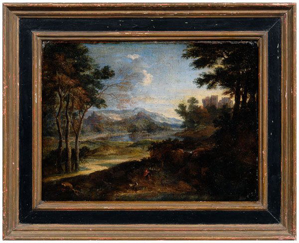 17th century Dutch painting,: Italianate landscape with castle, lake and distant mountains, seated boy in foreground, Dutch School, late 17th/early 18th century, oil on canvas, 12-5/8 x 17-1/8 in.; modern painted wood panel frame.