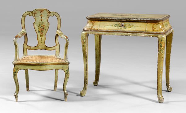 Venetian rococo desk, chair:: desk with floral and scroll decoration on pale green ground, dovetailed drawer, cabriole legs, Italian, late 19th century, 29 x 29-1/2 x 18-1/2 in.; with a similar open armchair, 30-1/2 x 19-1/4 x 16-