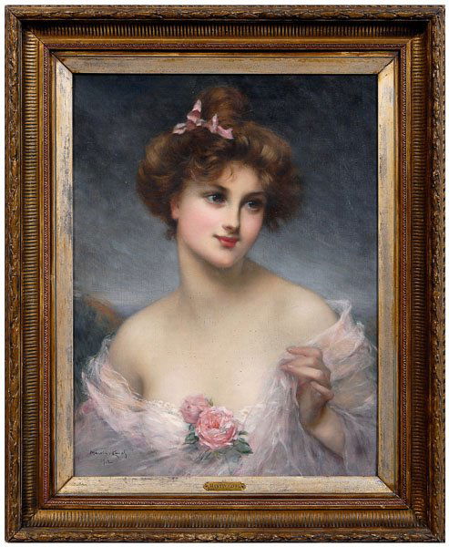 Francois Martin-Kavel painting: (French, 1861-1931), portrait of a young beauty wearing a sheer wrap gathered at the chest with roses, signed lower left "Martin-Kavel 1902", oil on canvas with French colourman stamp verso, 24 x 18-1