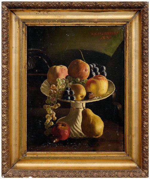 Late 19th century still life,: tazza, apples, pears and grapes, signed upper right "W.N.S.L.O. Benenikt(?) 10.XII.93.", oil on panel, European, late 18th century, 13-3/4 x 10-3/8 in.; gilt wood and composition frame. Retouch at bot