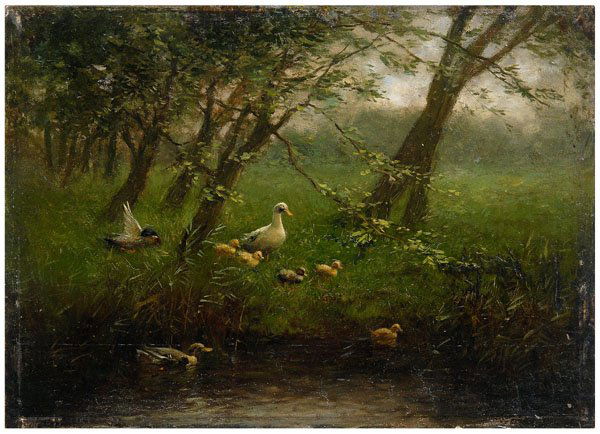 Constant Artz painting: (Dutch, 1870-1951), family of ducks by a stream, signed lower right "Constant Artz", oil on panel, verso "#13198", label verso "W.M. Stam Den Haag…", unframed, 10-1/4 x 14-1/2 in. Retouch at edges u
