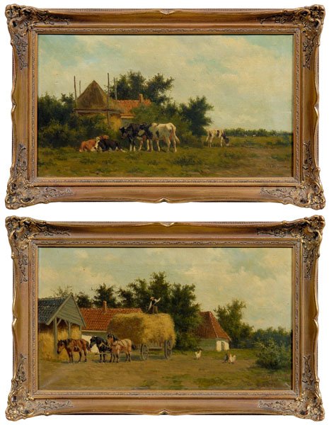 Two Herman Bogman paintings: (Hermanus Charles Bogman, Dutch, 1861-1921): cows at the edge of a field, [tear center and left;] horse-drawn hay wagon and chickens on a farm, [tear lower right,] both oil on canvas, stretchers stamp